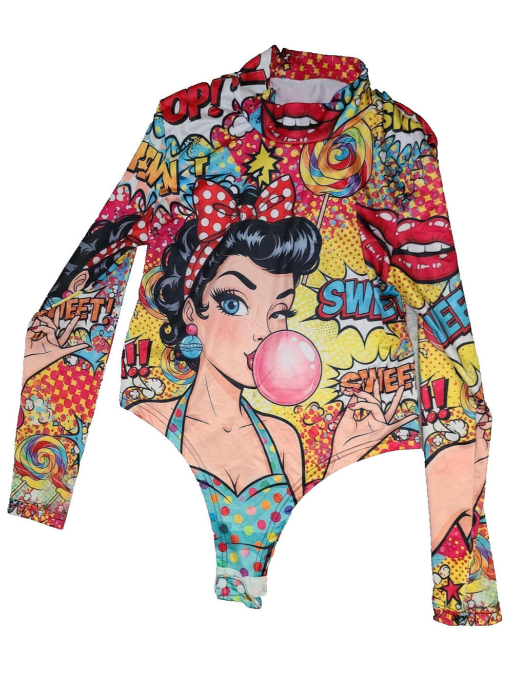 New Retro Pop Bodysuit 2-Sided Blouse Outfit Katie Size L Comic Stretch Bubble